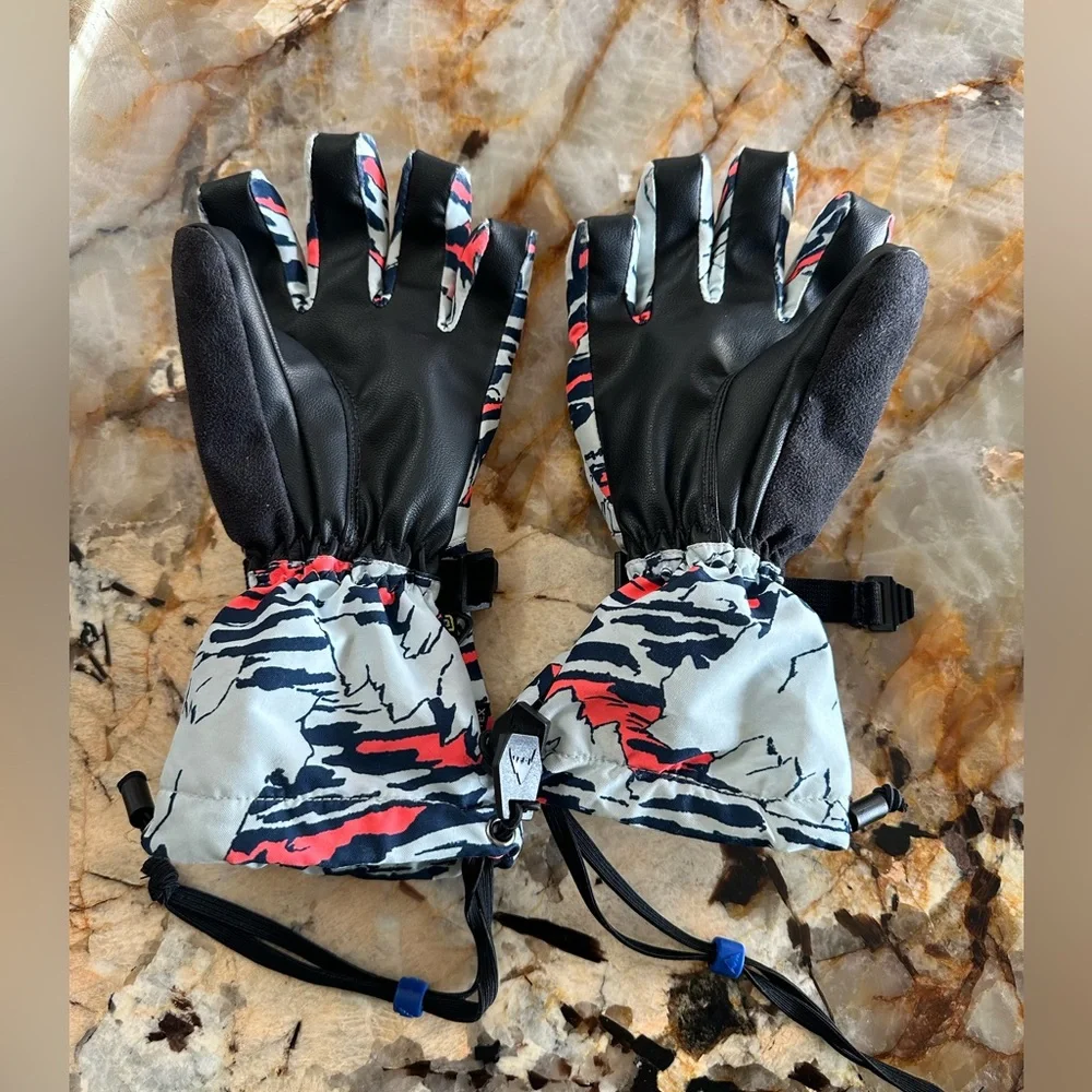 Burton ski mittens in light blue, navy and coral. Ballad Blue Summit Child Large